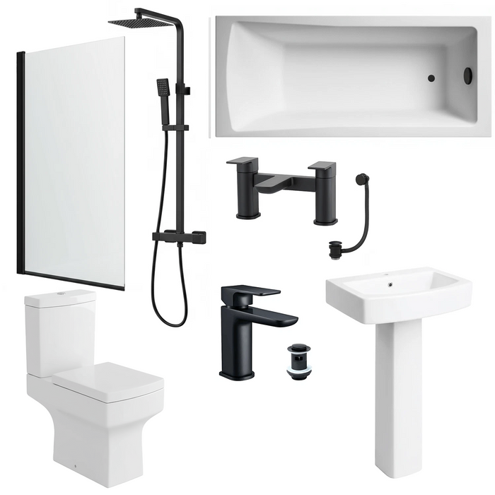 Zyon Bathroom Suite 1700mm Bathtub Black Shower Screen Toilet Pedestal Taps