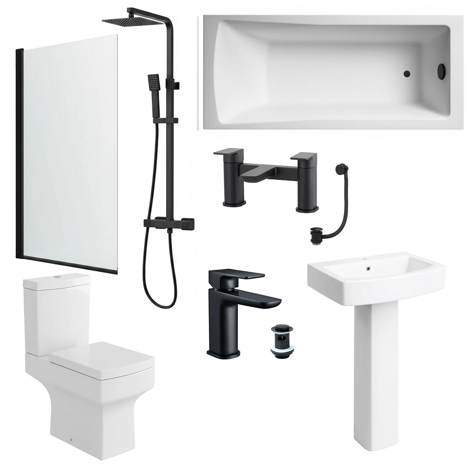 Zyon Bathroom Suite 1700mm Bathtub Black Shower Screen Toilet Pedestal Taps