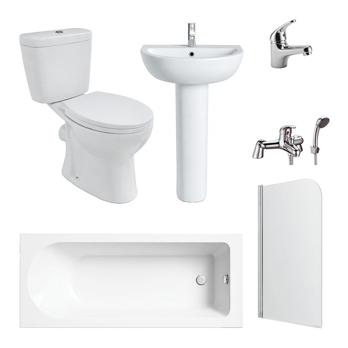 Bilo Bathroom Suite 1700mm Bathtub Chrome Shower Screen Toilet Pedestal Taps