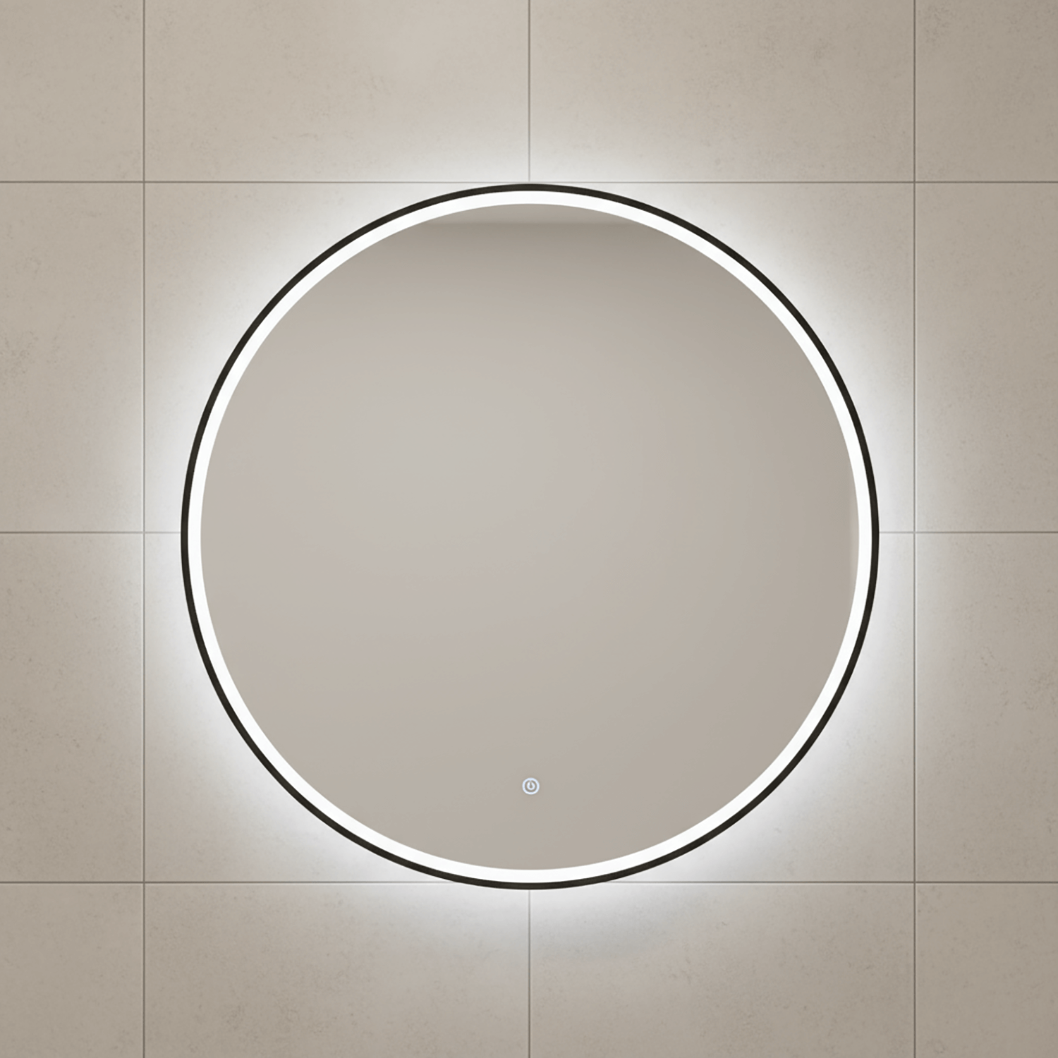 Round LED Bathroom Mirror 60cm Black Frame, Anti-Fog Demister