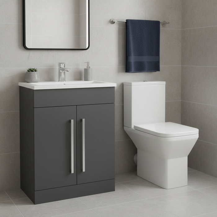 Elite Close Coupled Toilet & 600mm Grey Vanity Chrome Handles