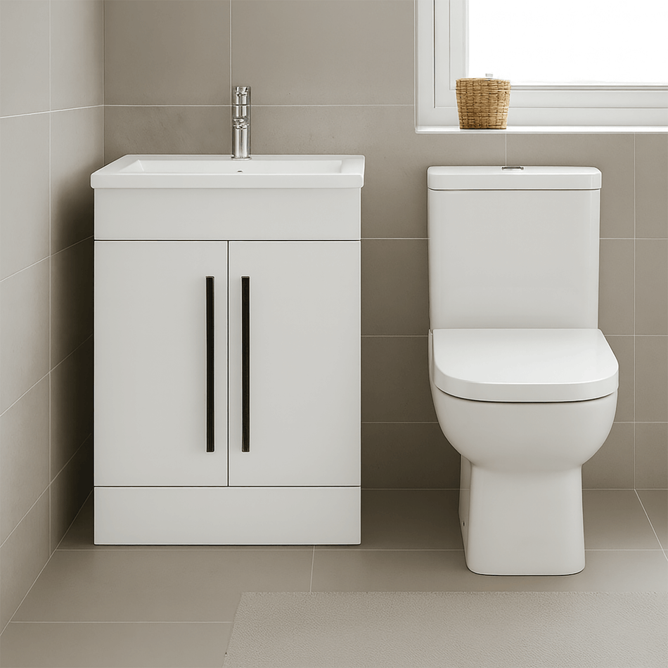 600mm Gloss White Floor Standing Bathroom Vanity Unit with Basin & Close Coupled Toilet