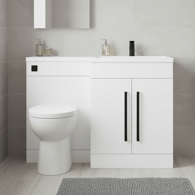 Gloss White (RH) Combination Basin WC Unit & Bilo BTW Toilet 1100mm Black Handles & Square Flush Plate
