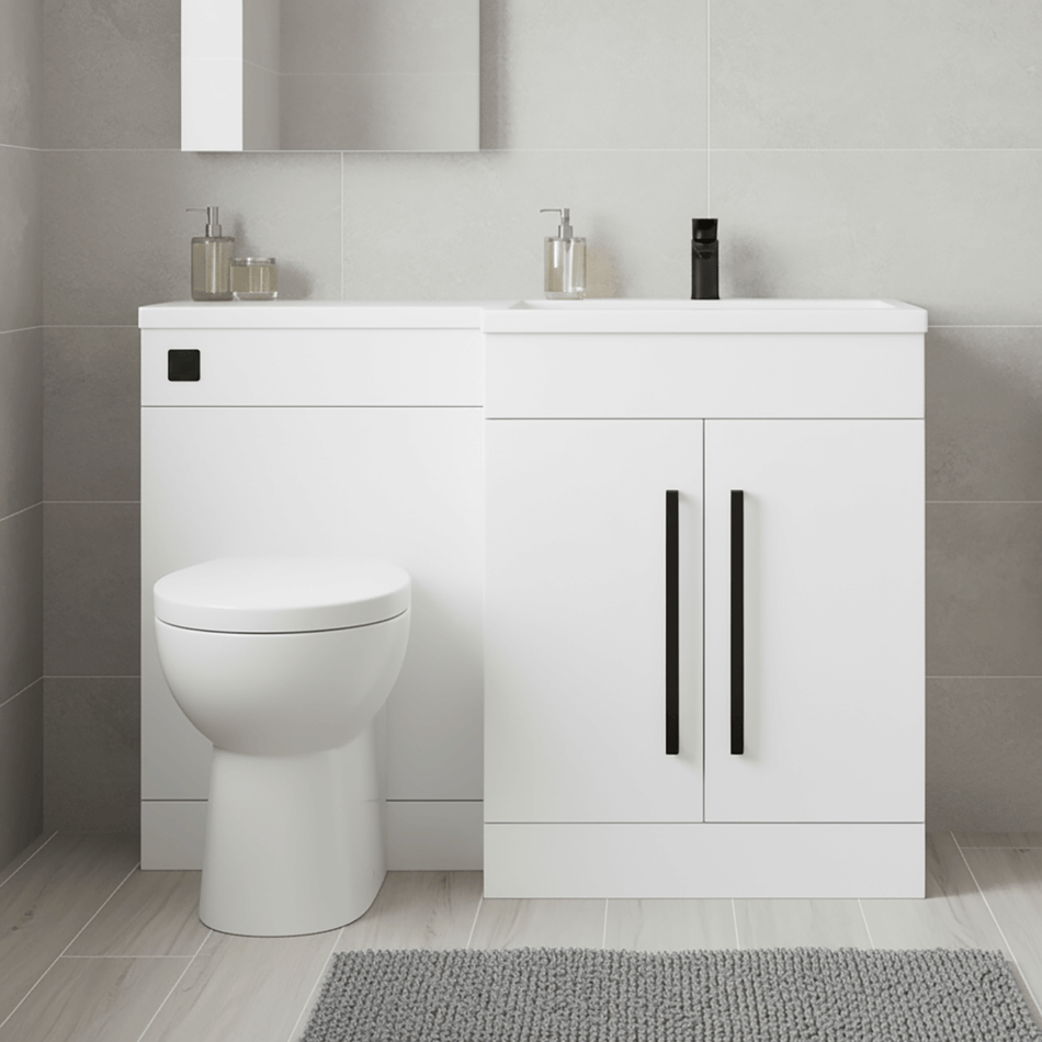 Gloss White (RH) Combination Basin WC Unit & Bilo BTW Toilet 1100mm Black Handles & Square Flush Plate