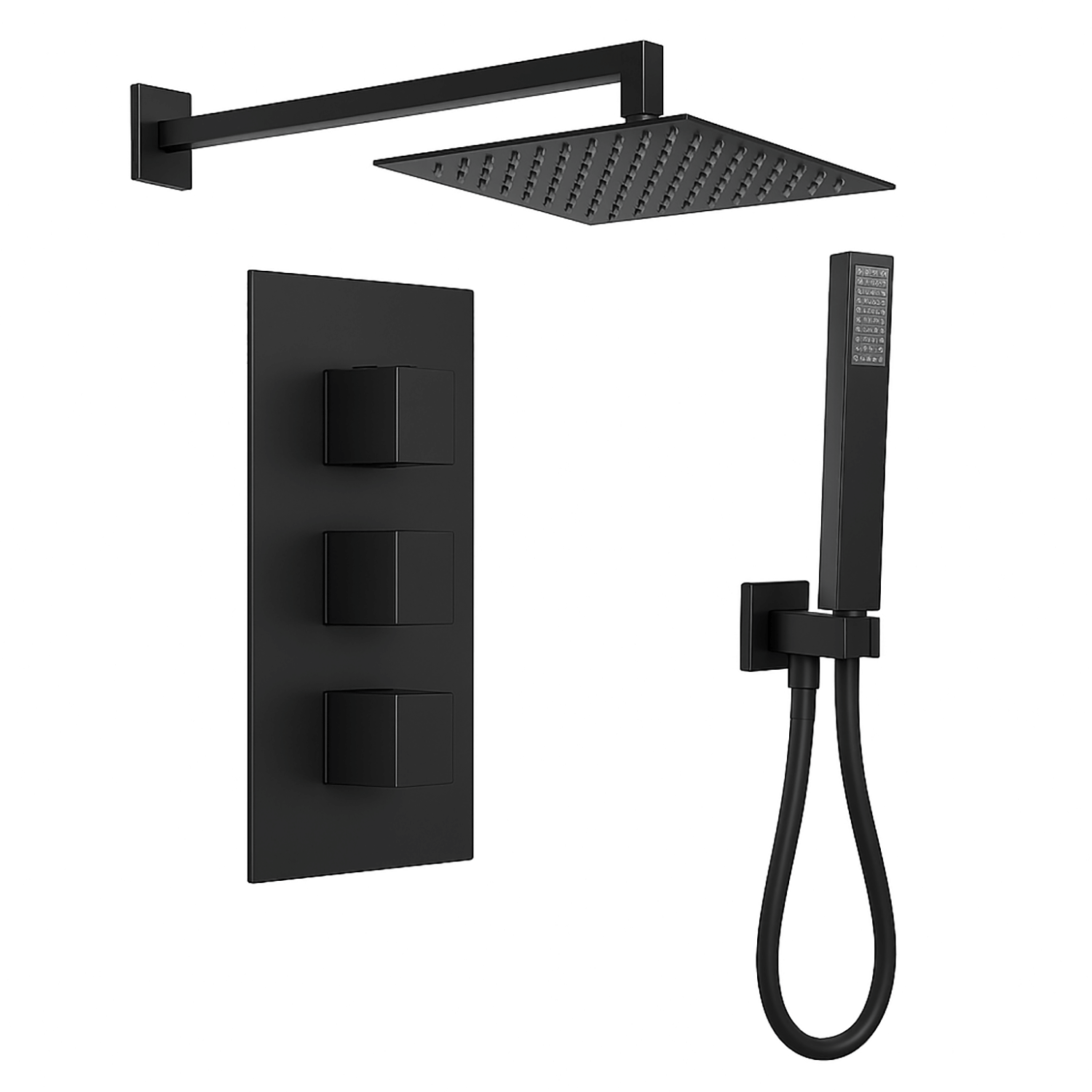 Matt Black Concealed Thermostatic Shower Mixer Set – Square Head & Handset