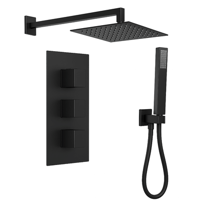 Matt Black Concealed Thermostatic Shower Mixer Set With Square Head & Handset