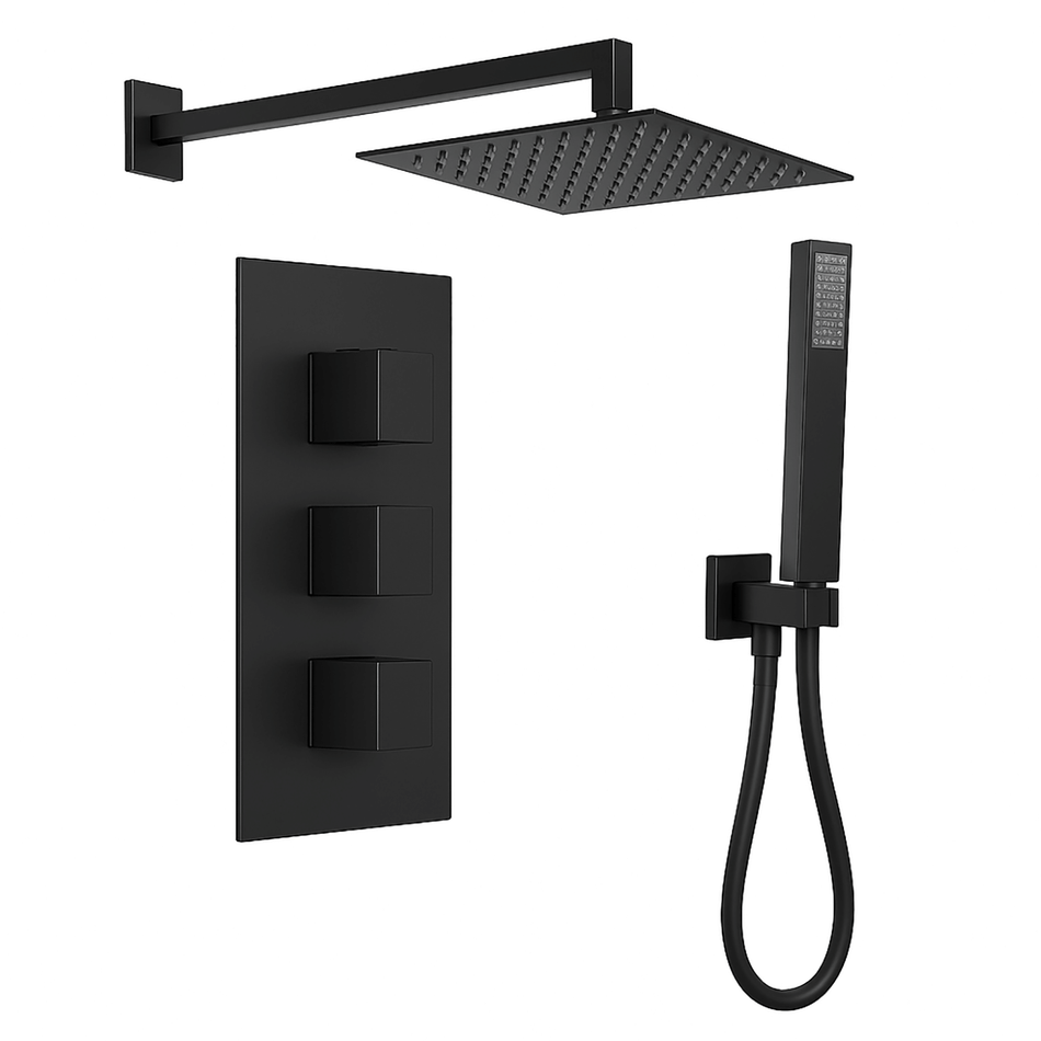 Matt Black Concealed Thermostatic Shower Mixer Set – Square Head & Handset