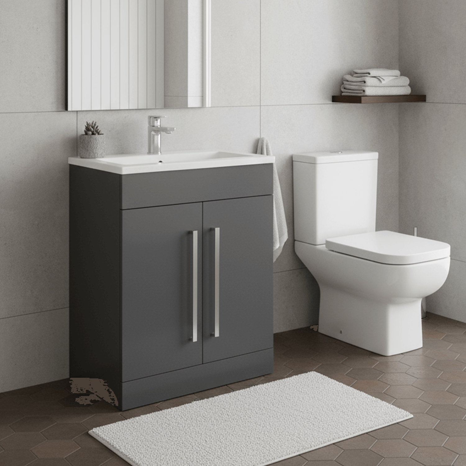 600mm Matt Grey Vanity Unit & Basin with Close Coupled Toilet Bathroom Set