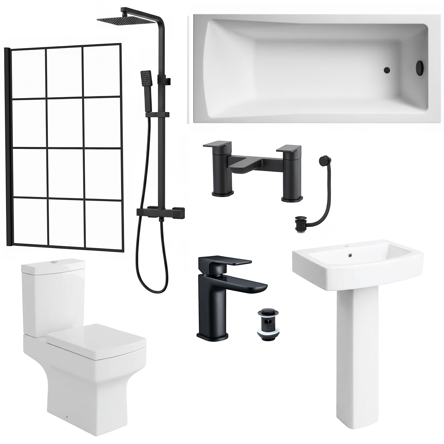 Zyon Bathroom Suite 1700mm Bathtub Black Grid Shower Screen Toilet Pedestal Taps