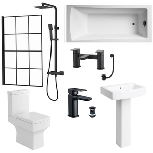 Zyon Bathroom Suite 1700mm Bathtub Black Grid Shower Screen Toilet Pedestal Taps