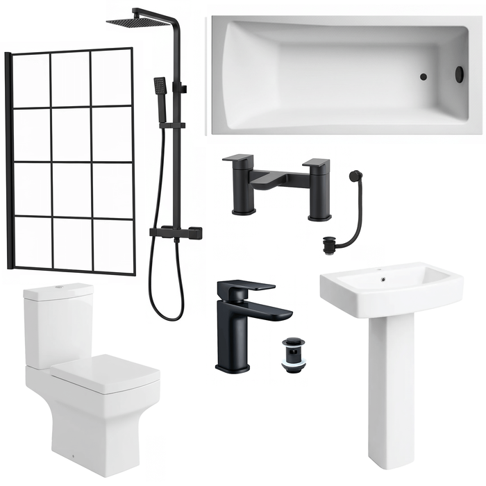 Zyon Bathroom Suite 1700mm Bathtub Black Grid Shower Screen Toilet Pedestal Taps