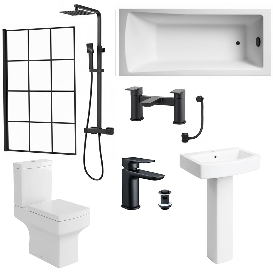 Zyon Bathroom Suite 1700mm Bathtub Black Grid Shower Screen Toilet Pedestal Taps