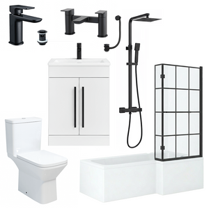 RH L-Shape Shower Bath Suite with Black Grid Screen & White Vanity