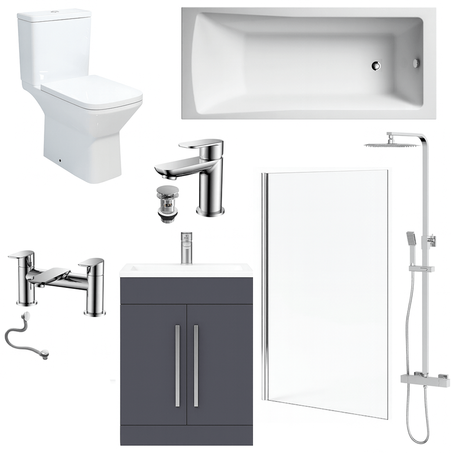 Bathroom Suite 1600mm Rectangular Bath & Shower, Chrome Straight Screen, Toilet, Grey Vanity & Taps