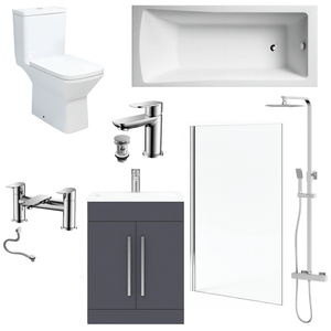 Bathroom Suite 1600mm Rectangular Bath & Shower, Chrome Straight Screen, Toilet, Grey Vanity & Taps