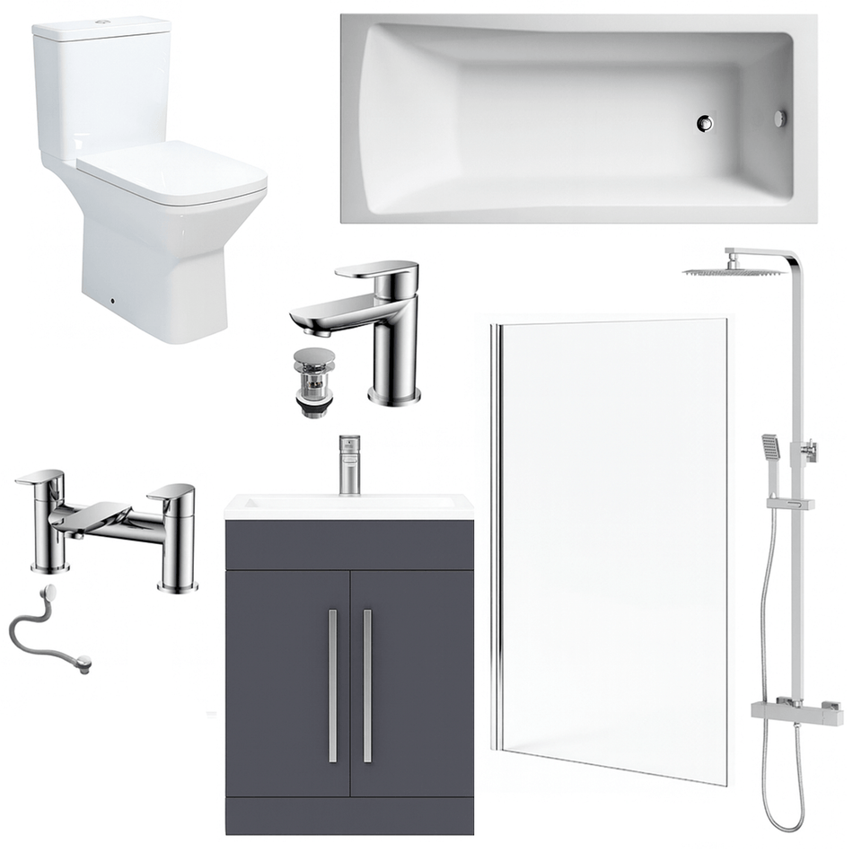 Bathroom Suite 1600mm Rectangular Bath & Shower, Chrome Straight Screen, Toilet, Grey Vanity & Taps