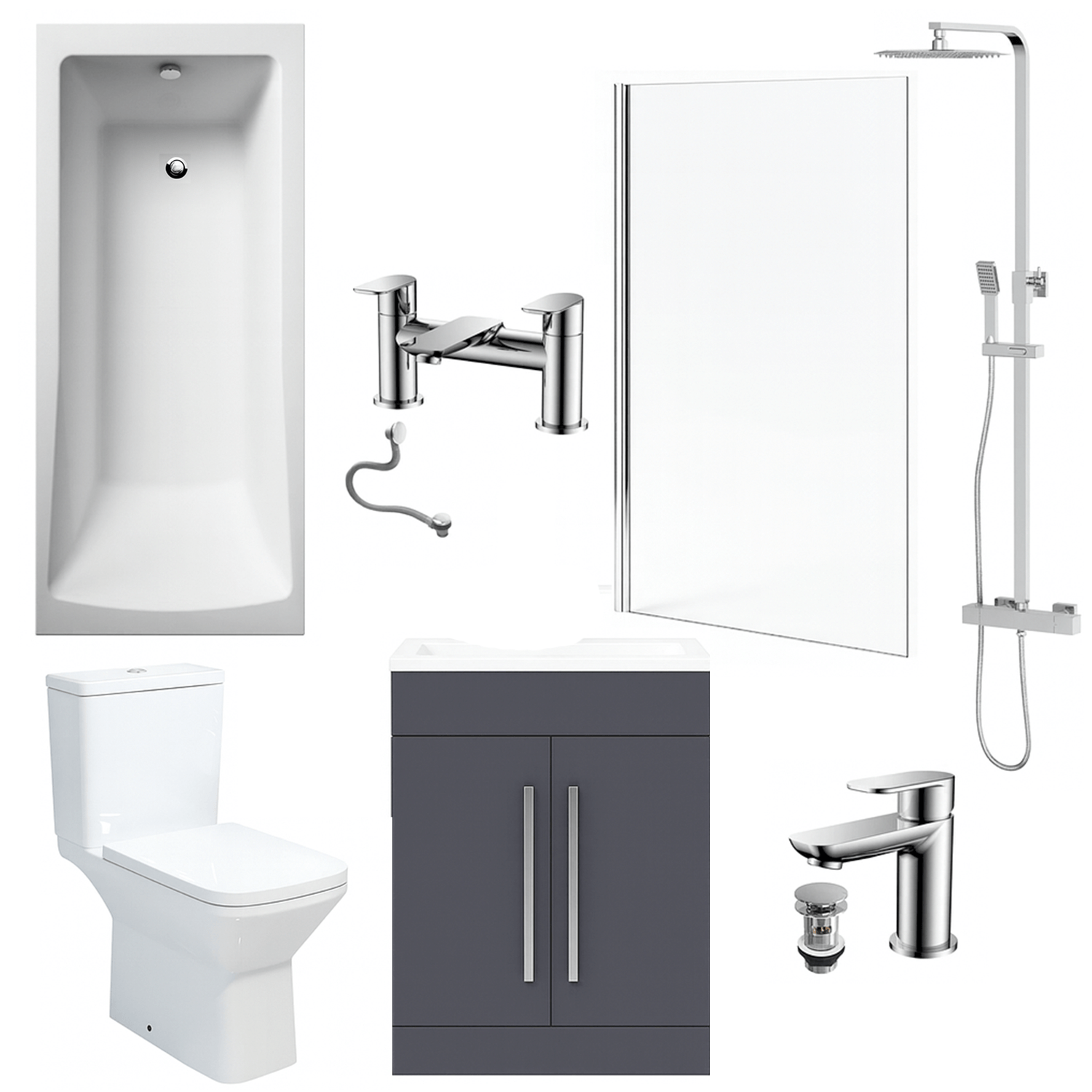 Bathroom Suite 1700mm Rectangular Bath & Shower, Chrome Straight Screen, Toilet, Grey Vanity & Taps