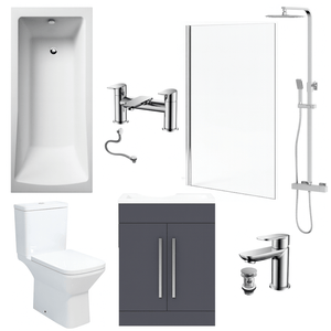 Bathroom Suite 1700mm Rectangular Bath & Shower, Chrome Straight Screen, Toilet, Grey Vanity & Taps