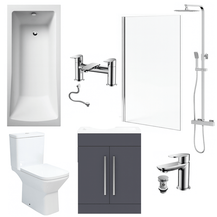 Bathroom Suite 1700mm Rectangular Bath & Shower, Chrome Straight Screen, Toilet, Grey Vanity & Taps
