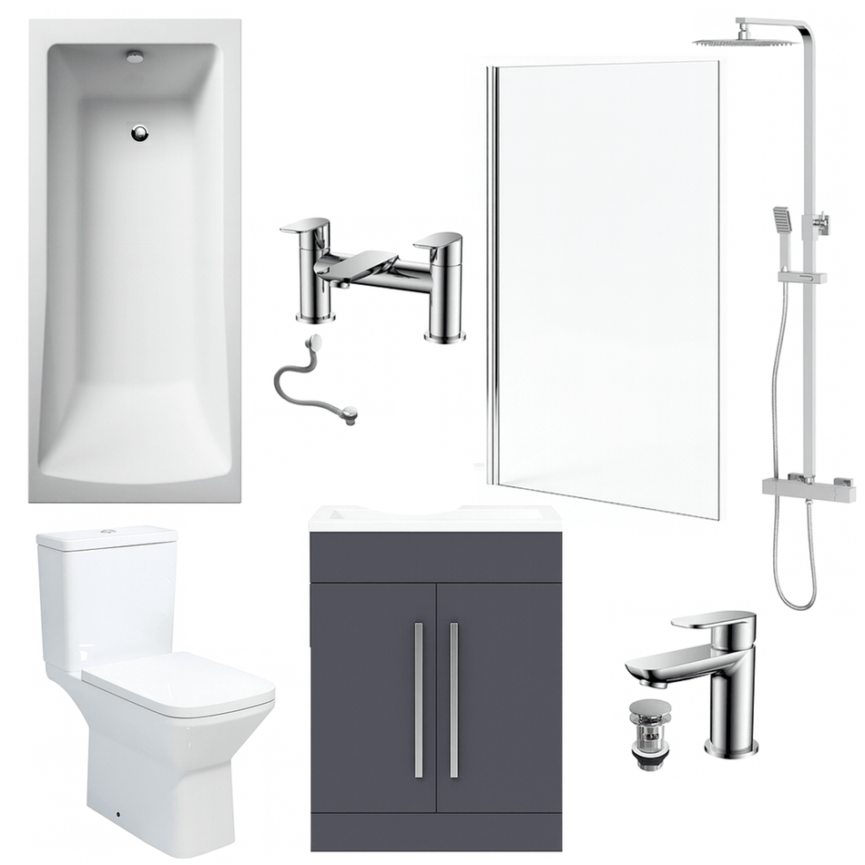 Bathroom Suite 1700mm Rectangular Bath & Shower, Chrome Straight Screen, Toilet, Grey Vanity & Taps