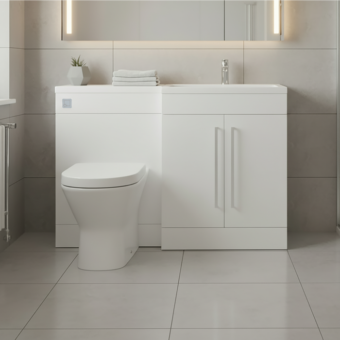 Gloss White (RH) Combination Basin WC Unit & Marbella BTW Toilet 1100mm Chrome Handles & Square Flush Plate