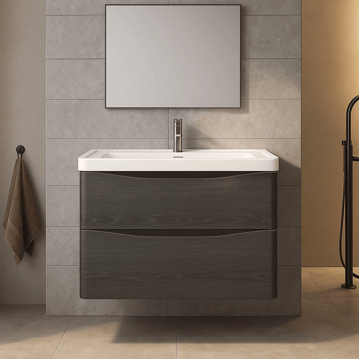 900mm Wall Hung Graphite Oak Vanity Unit And Basin