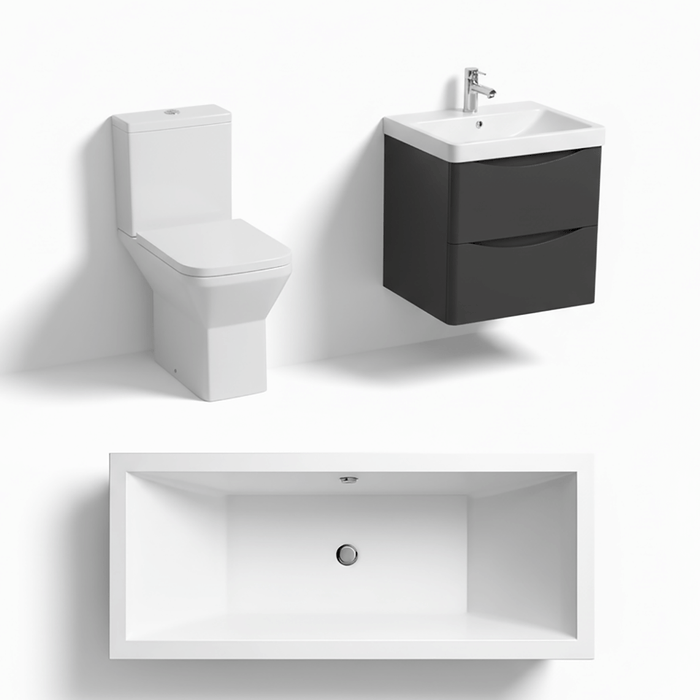 Bathroom fixtures including a toilet, wall-mounted cabinet, and undermount sink on a white background.