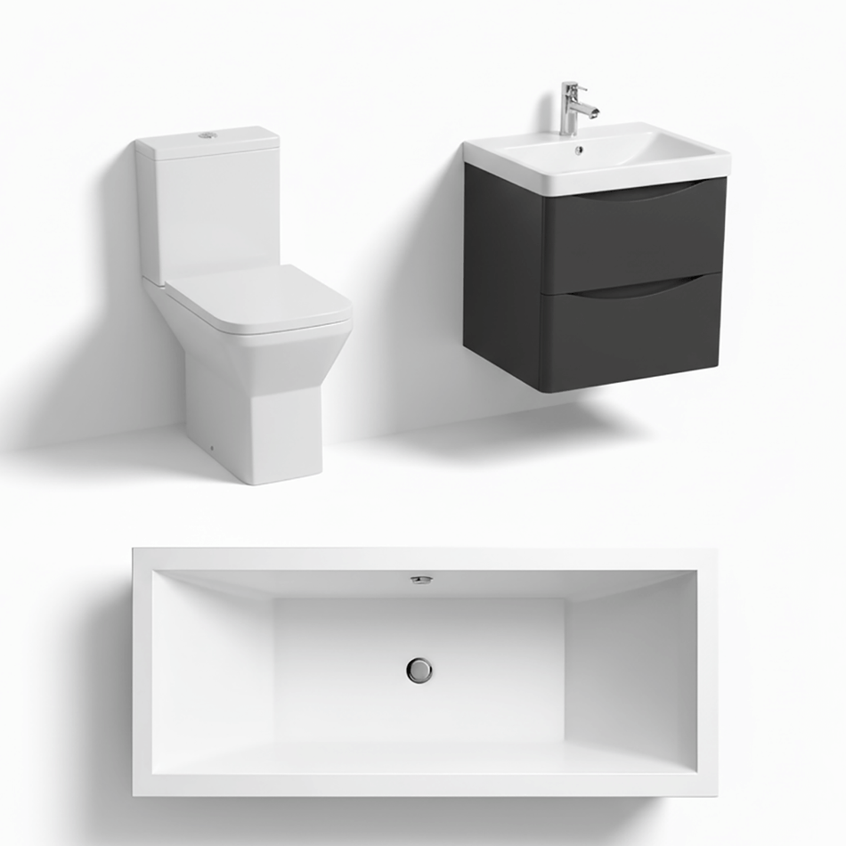 Double-Ended 1700mm Bath Suite with Wall-Hung Vanity & Toilet
