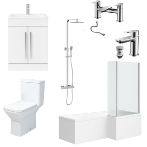 1500x700mm RH L-Shape Shower Bath Suite with Chrome Screen & White Vanity