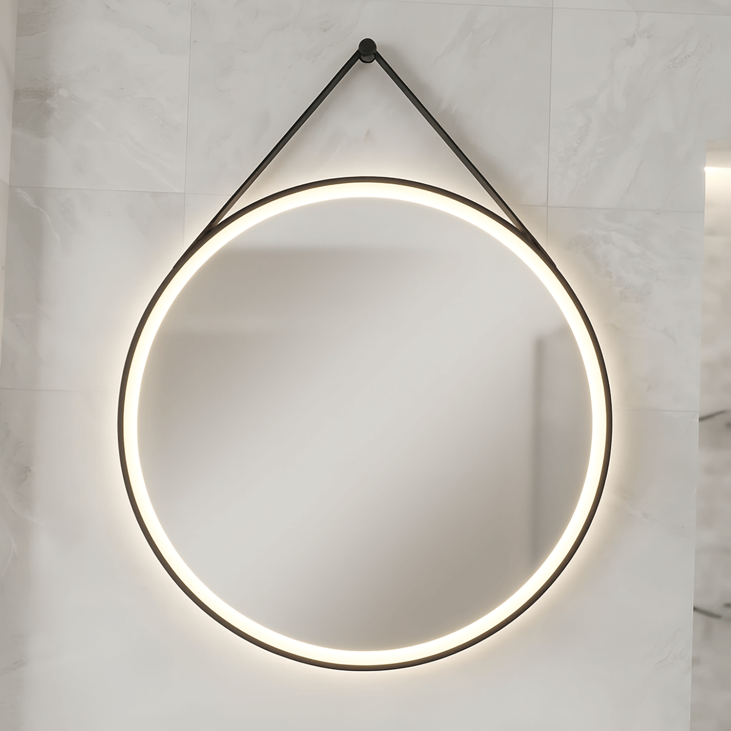 80cm Round LED Mirror – Black Frame, Leather Strap, Anti-Fog