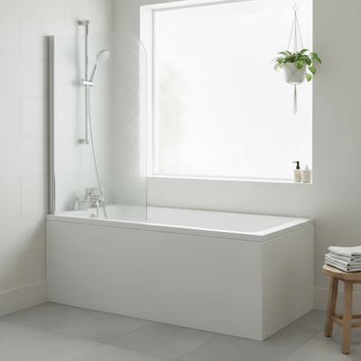 1700x700mm Bath with Hinged Radius Curved Polished Chrome Shower Bath Screen 1400x780 mm