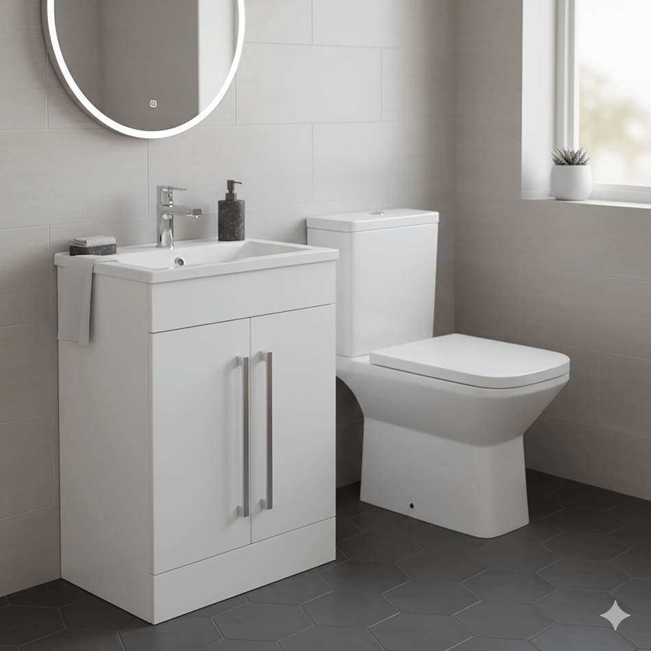 600mm Gloss White Floor Standing Vanity & Square Close Coupled Toilet