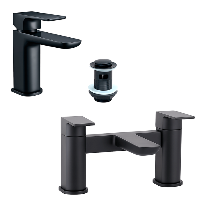 Black bathroom faucet set with basin mixer and bath filler on a white background