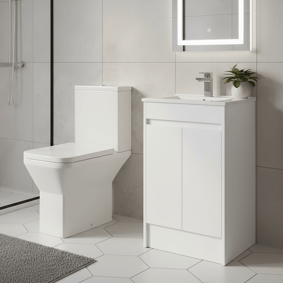 Elite Close Coupled Toilet & 600mm White Gloss Waterproof Vanity Unit