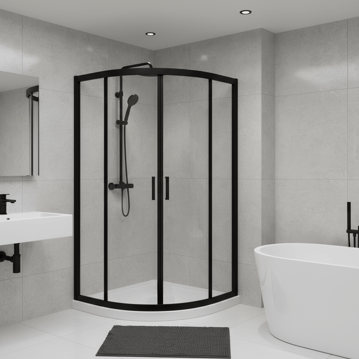Matt Black Quadrant Shower Enclosure with Glass Doors & Stone Resin Tray