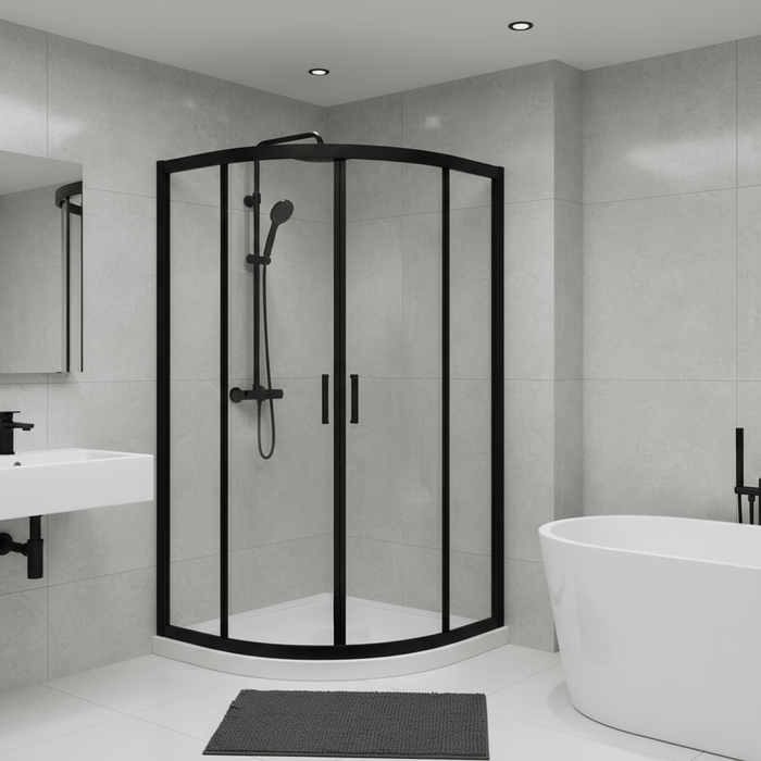 Matt Black Quadrant Shower Enclosure with Glass Doors & Stone Resin Tray