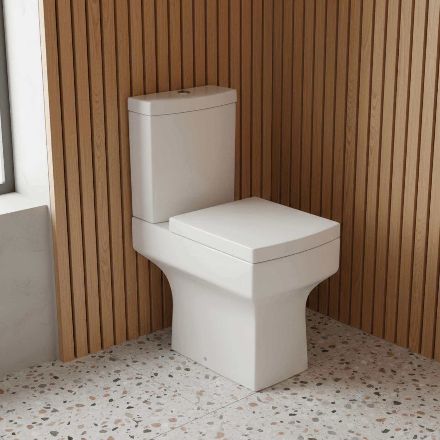 White toilet in a bathroom with wooden paneling and speckled floor.
