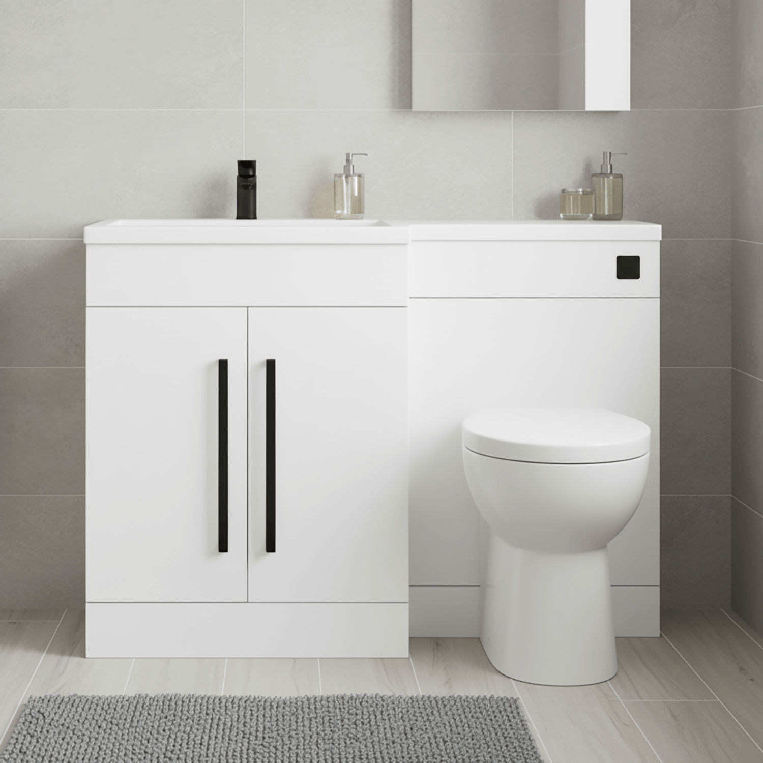 Gloss White (LH) Combination Basin WC Unit & Bilo BTW Toilet 1100mm Black Handles & Square Flush Plate