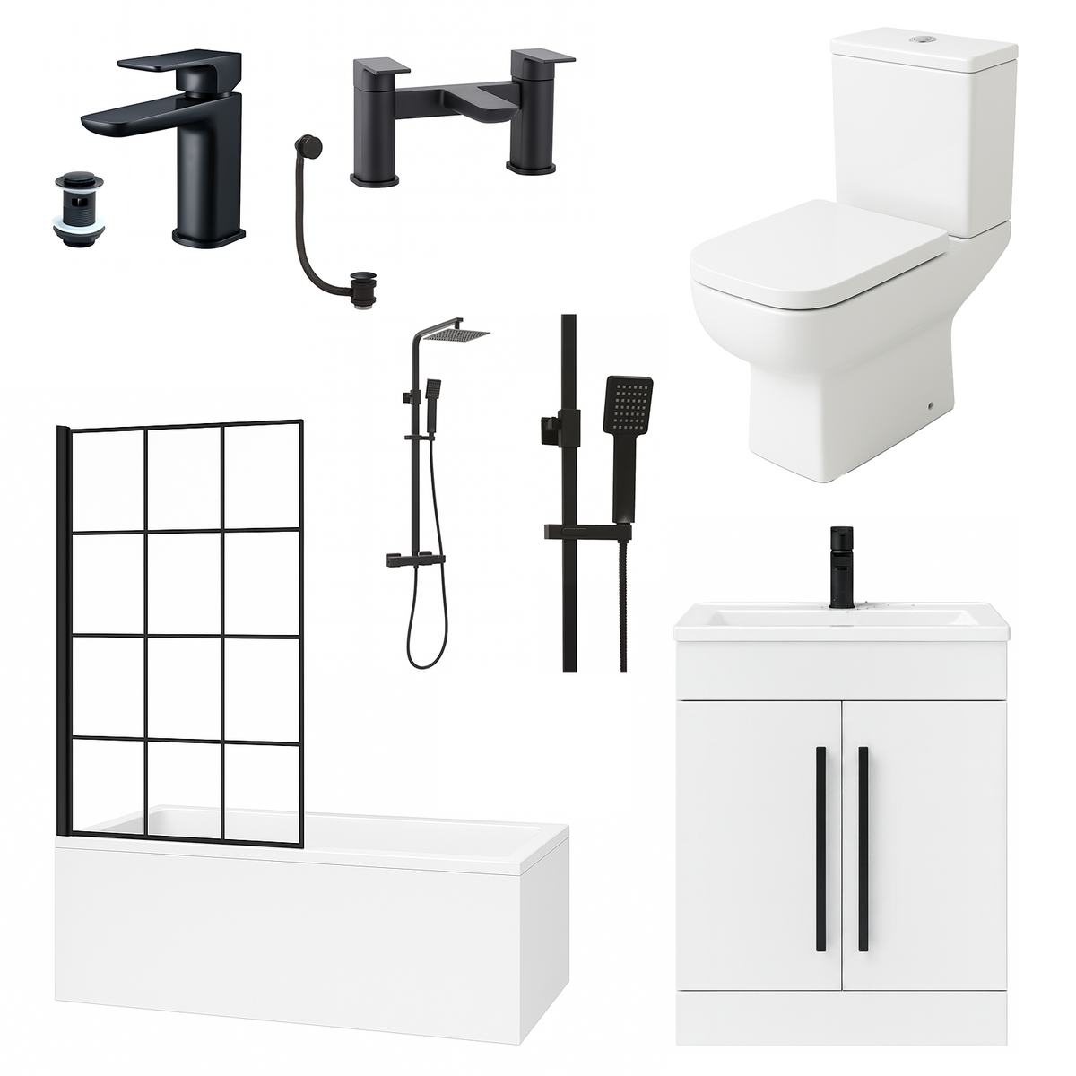Complete Bathroom Suite 1700mm Bath, Shower Screen, 600mm Vanity Ceramic Basin, Close Coupled Toilet, Black Taps & Waste