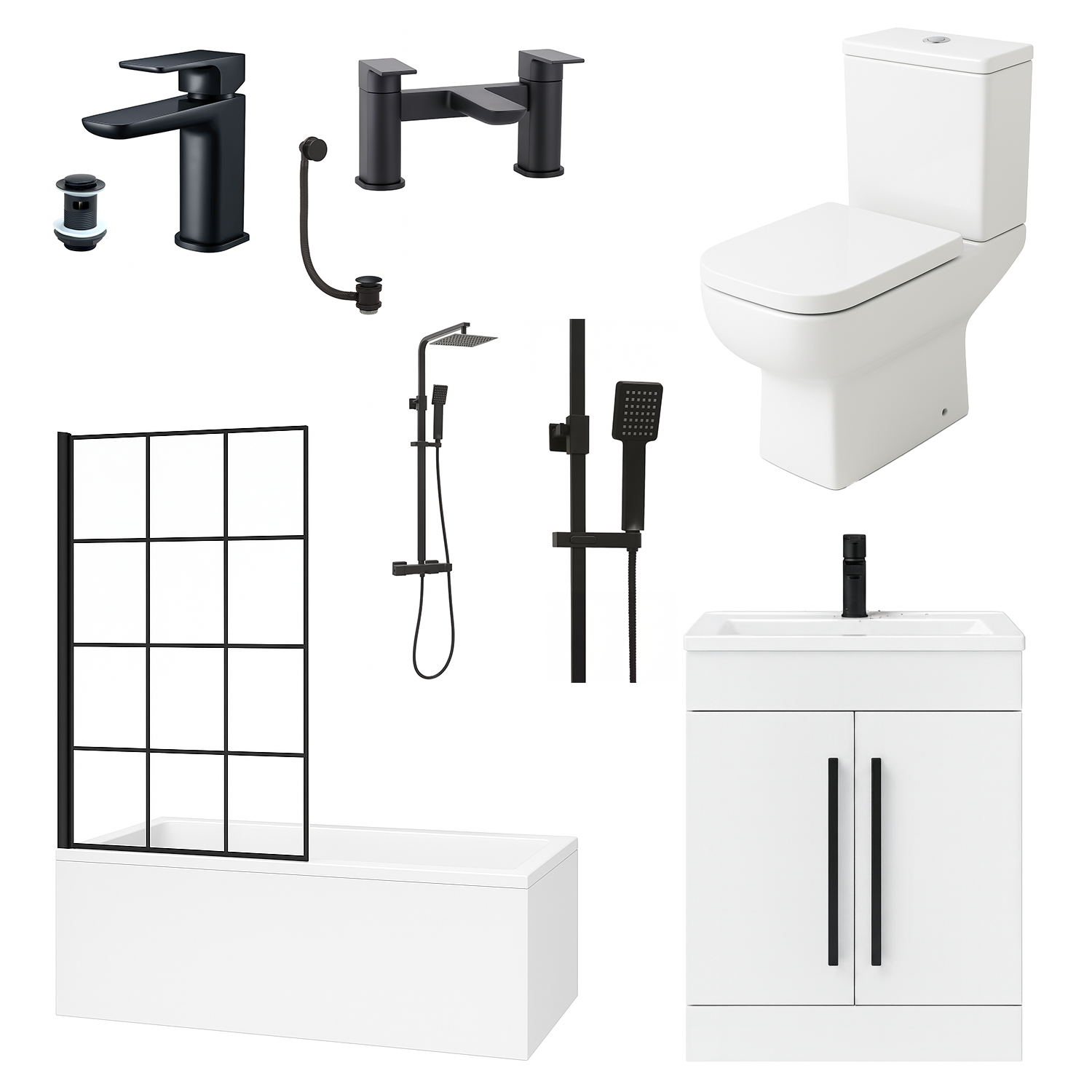 Complete Bathroom Suite 1700mm Bath, Shower Screen, 600mm Vanity Ceramic Basin, Close Coupled Toilet, Black Taps & Waste