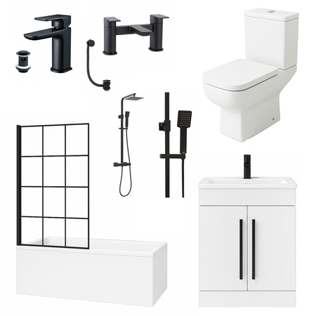 Complete Bathroom Suite 1700mm Bath, Shower Screen, 600mm Vanity Ceramic Basin, Close Coupled Toilet, Black Taps & Waste