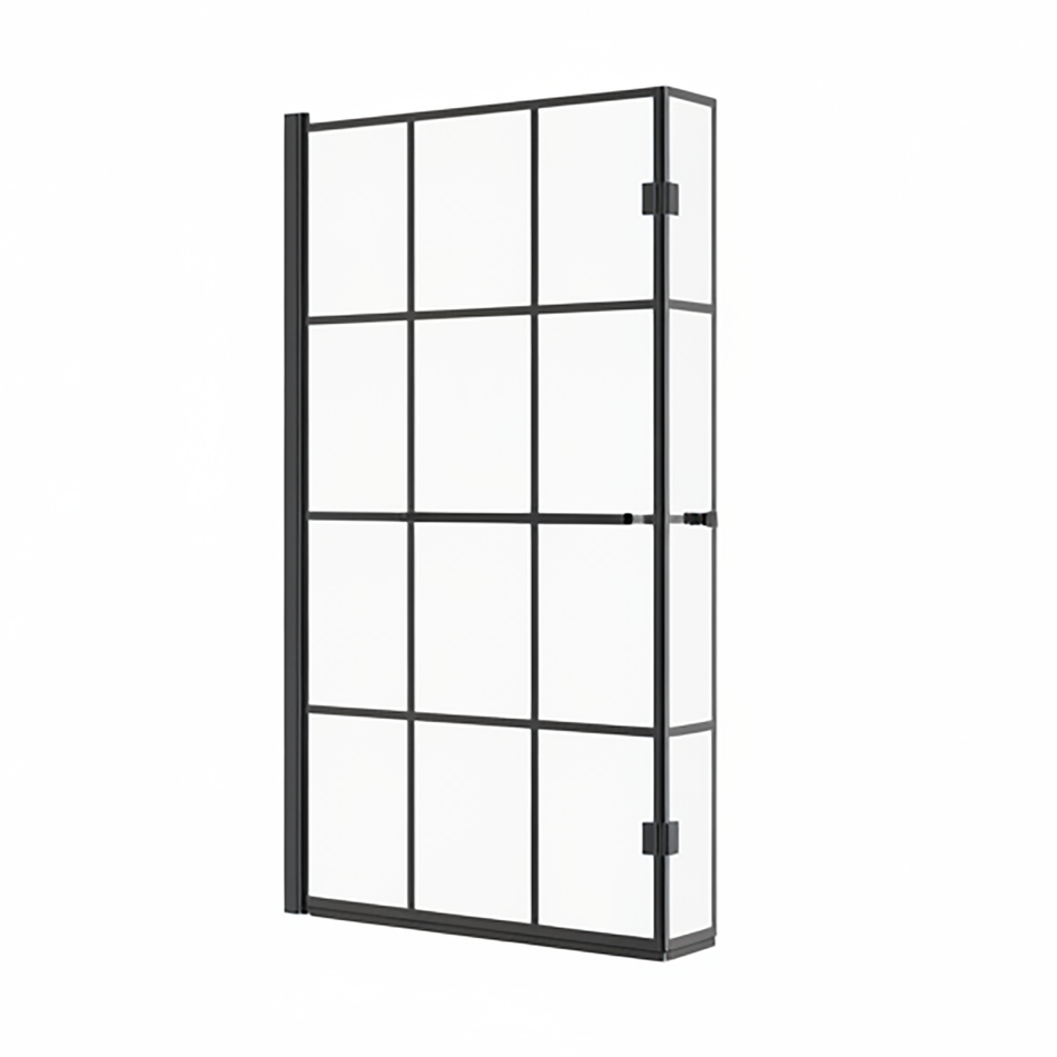 Matt Black L-Shaped Hinged Shower Bath Screen with Grid Frame