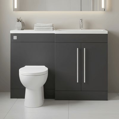 Matt Grey (RH) Combination Basin WC Unit & Bilo BTW Toilet 1100mm Chrome Handles & Square Flush Plate
