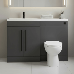 Matt Grey (LH) Combination Basin WC Unit & Bilo BTW Toilet 1100mm Black Handles & Square Flush Plate