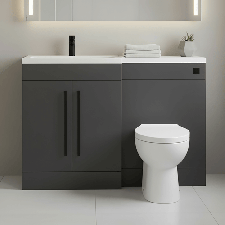 Matt Grey (LH) Combination Basin WC Unit & Bilo BTW Toilet 1100mm Black Handles & Square Flush Plate