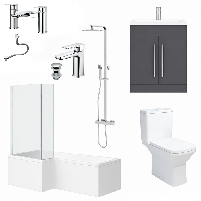 Bathroom fixtures including a shower enclosure, sink, faucet, toilet, and cabinet on a white background.
