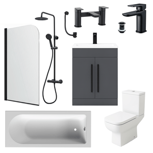 Bathroom Suite Rounded Bath & Shower, Matt Black Curved Screen, Toilet, Grey Vanity & Taps