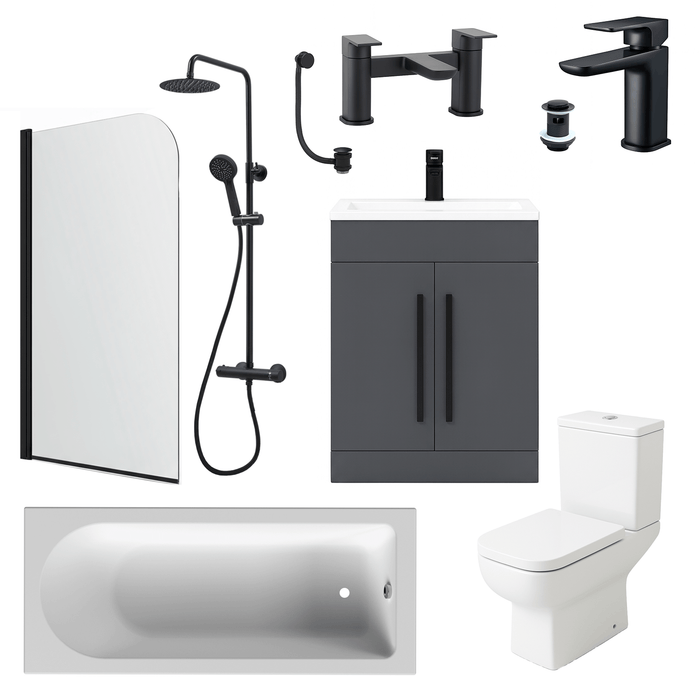 Bathroom Suite Rounded Bath & Shower, Matt Black Curved Screen, Toilet, Grey Vanity & Taps