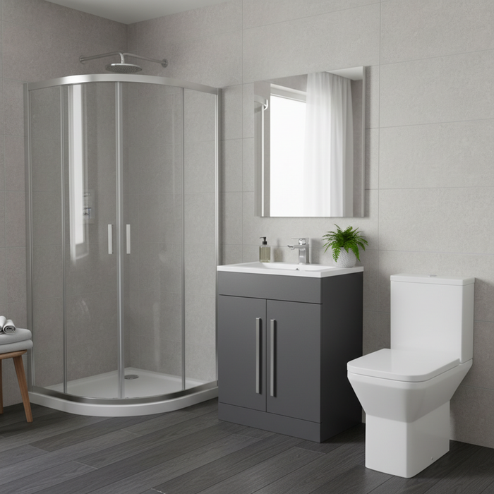  Chrome Quadrant Shower Enclosure, 600mm Grey Vanity & Elite Toilet