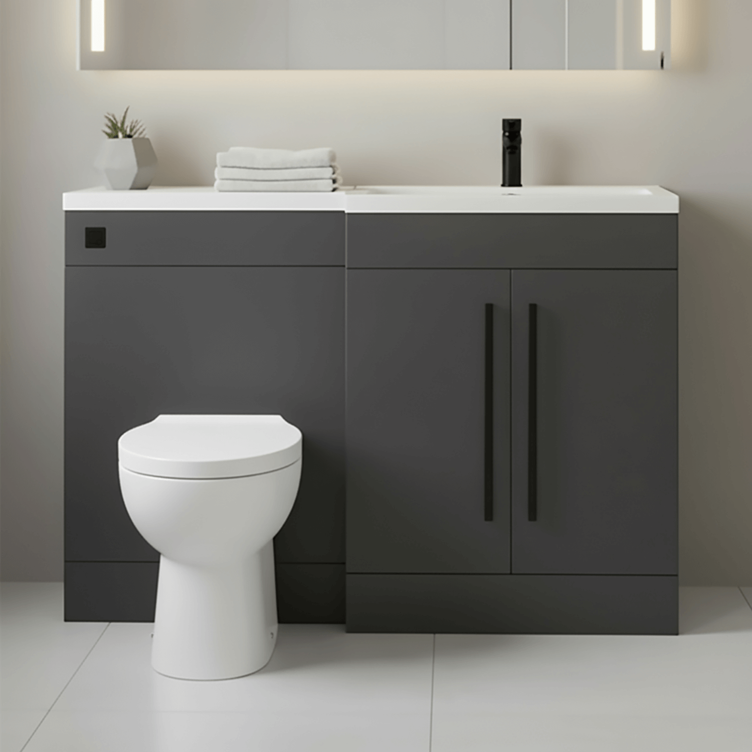 Matt Grey (RH) Combination Basin WC Unit & Bilo BTW Toilet 1100mm Black Handles & Square Flush Plate